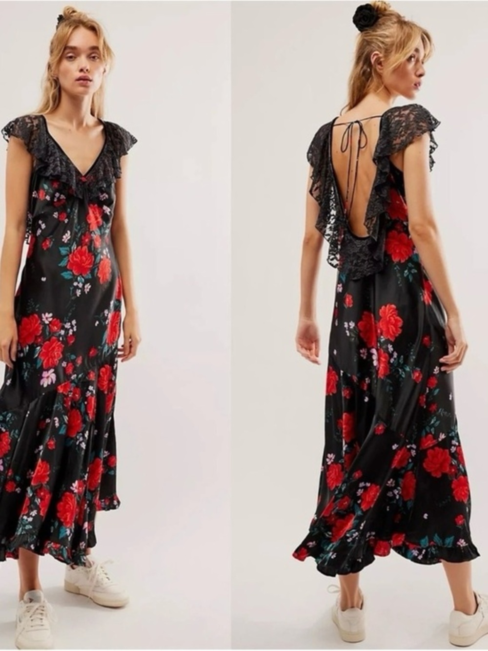 Free People Warm Hearts Satin Midi Dress‎ Size XS Lace Floral Dainty Romantic